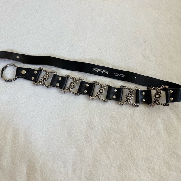 Black Leather & Pewter adjustable belt floral crystals heavier statement piece - Picture 8 of 9